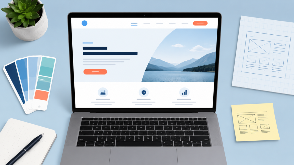 Weboldal készítés árak: laptop képernyőn egy modern weboldal tervezési folyamat illusztrációja